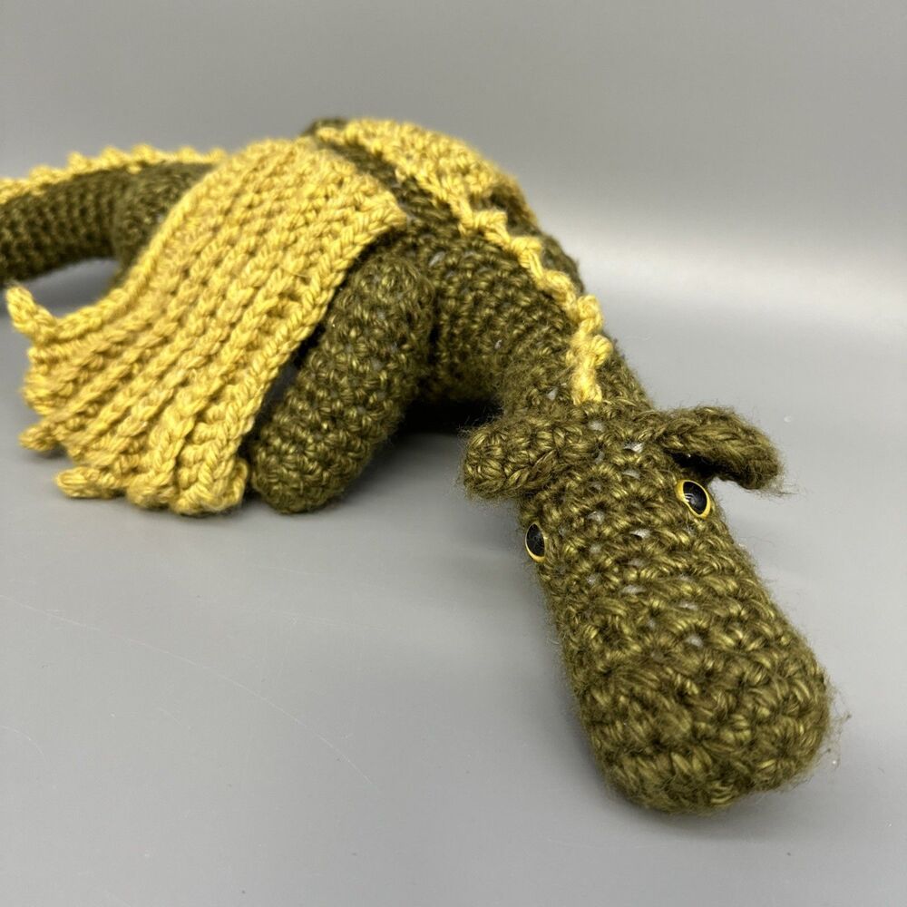 Handmade Crochet Dragon Plush Green And Gold With Wings Stuffed Animal 25” Long